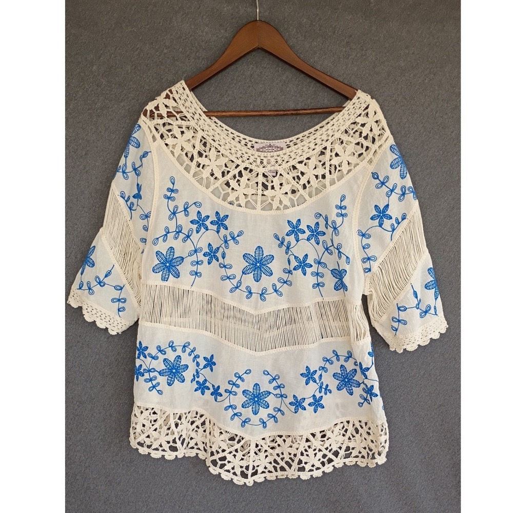 Oliver by Escio Women XL Ivory Blue Floral Embroidered Crochet Cotton Top Boho